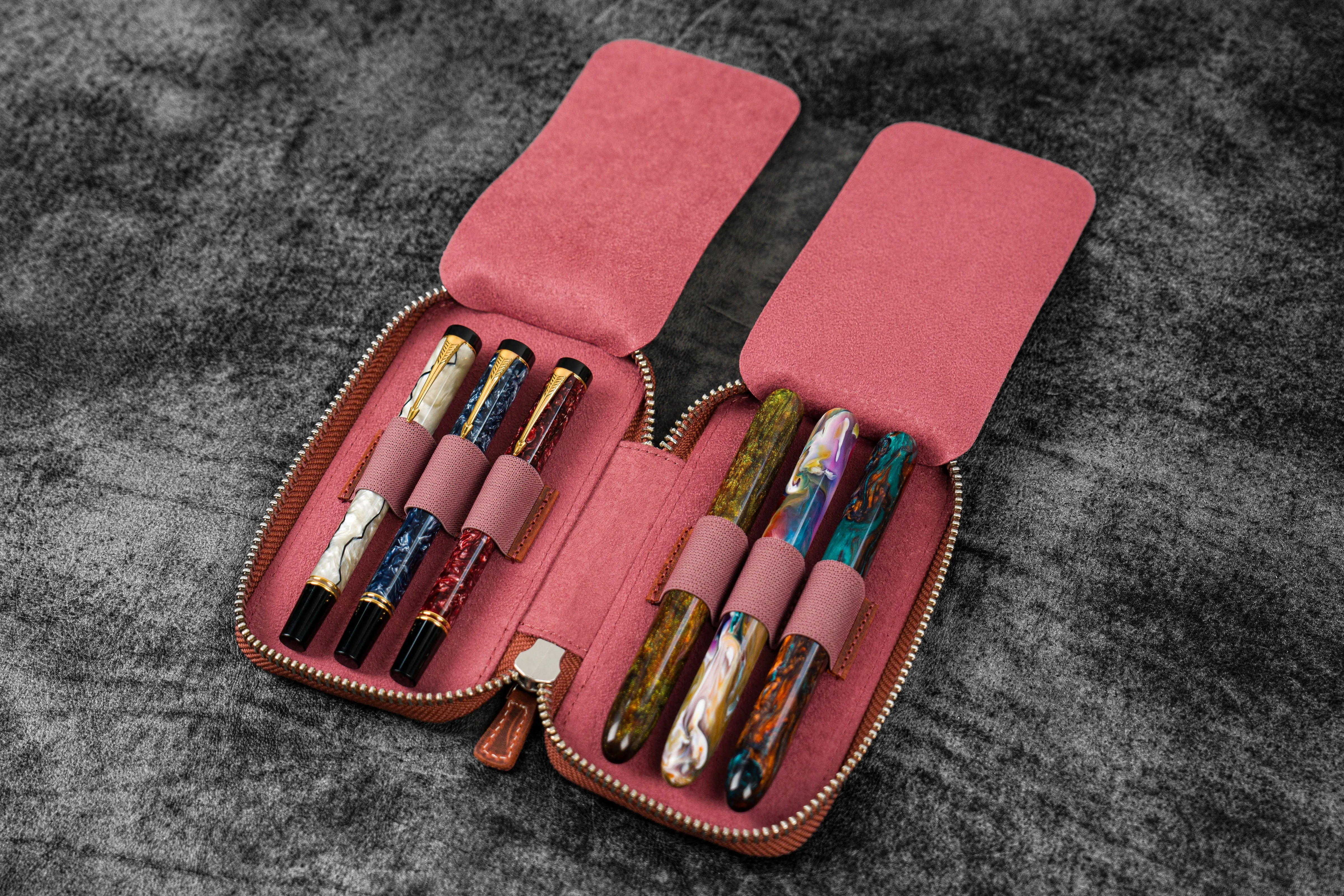 Leather Zippered 6 Slots Pen Case - C.H. Orange