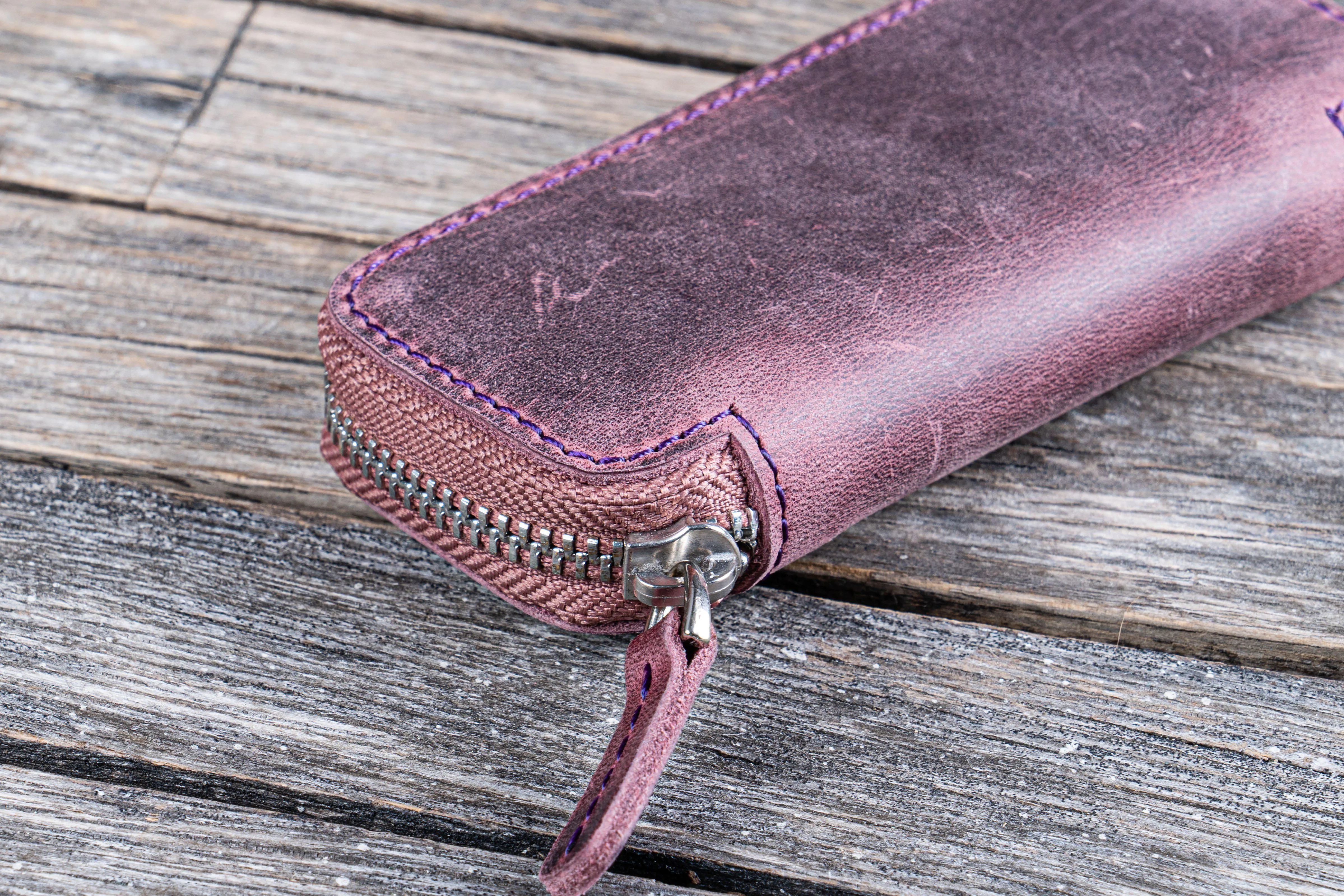 Leather Zippered Double Pen Case for Kaweco - Pocket Pen - Purple