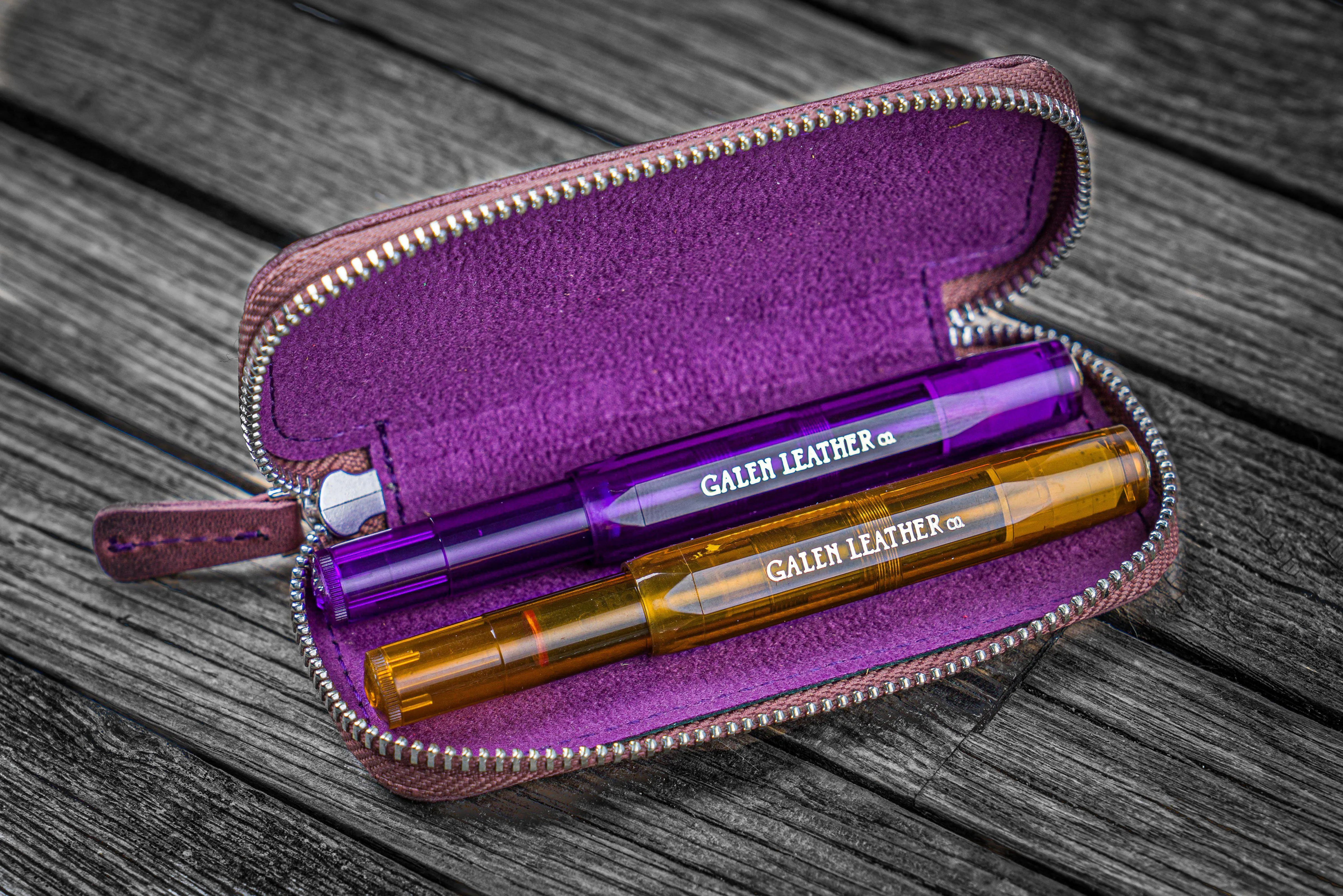 Leather Zippered Double Pen Case for Kaweco - Pocket Pen - Purple