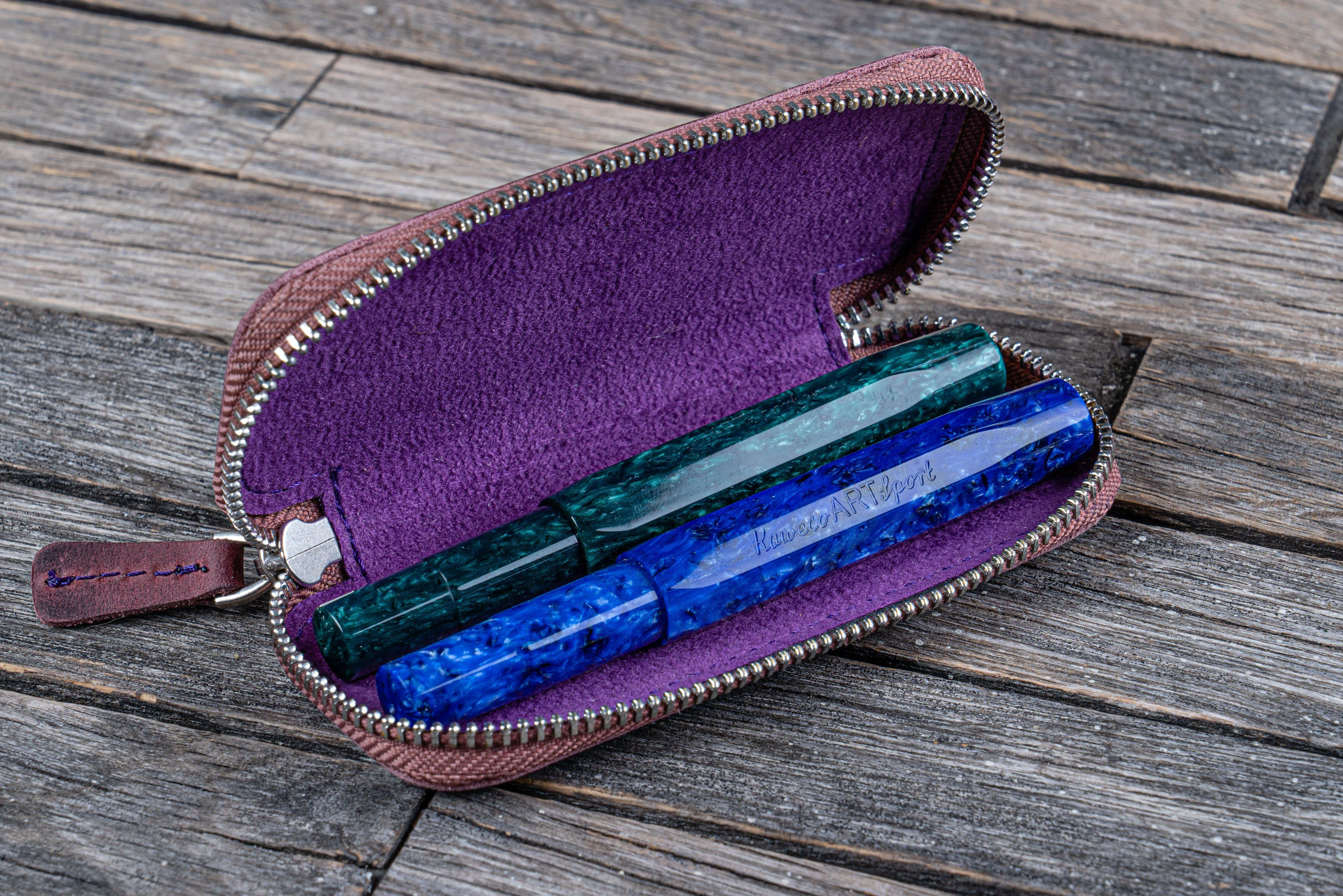 Leather Zippered Double Pen Case for Kaweco - Pocket Pen - Purple