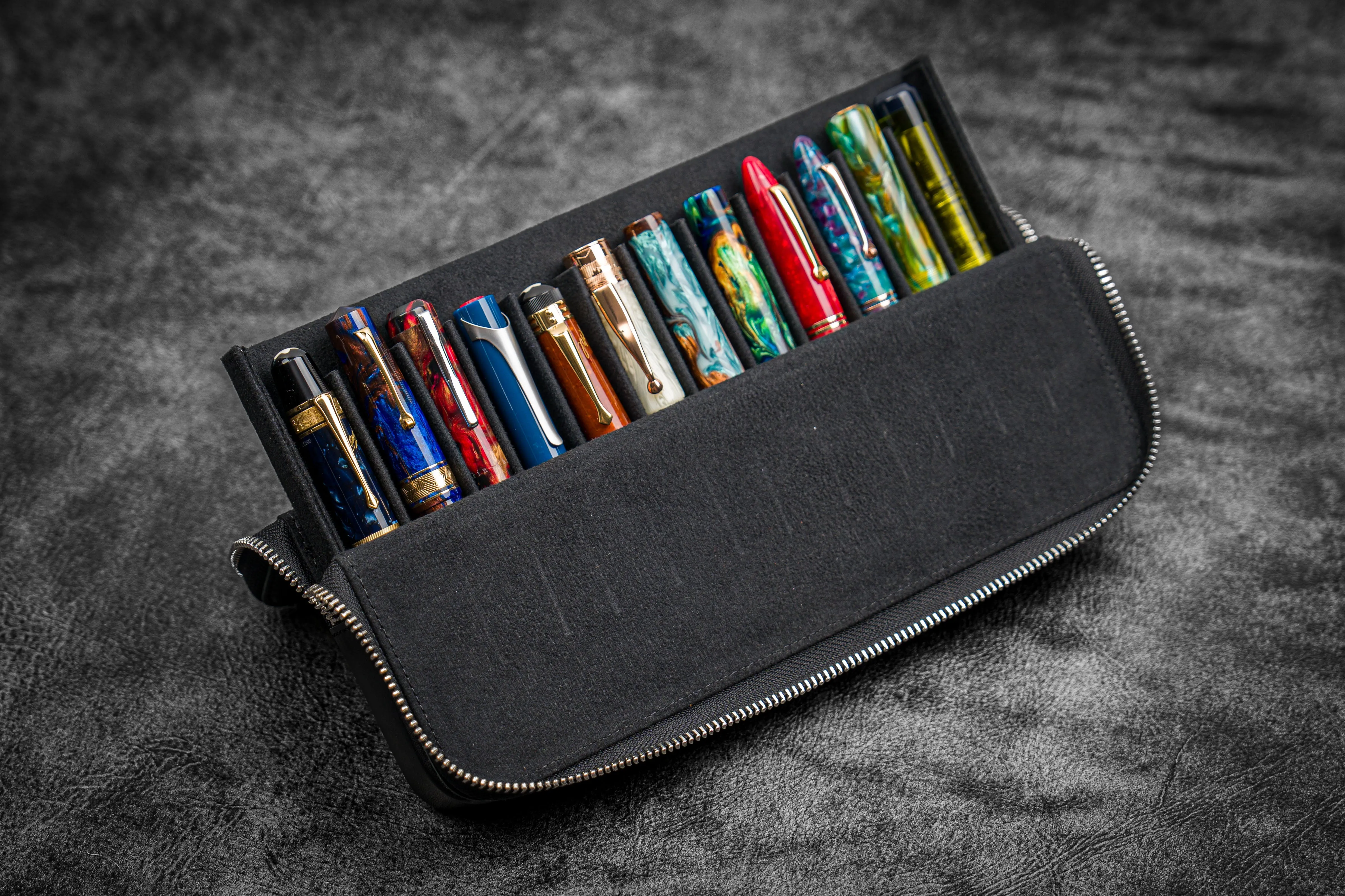 Leather Zippered Magnum Opus 12 Slots Hard Pen Case with Removable Pen Tray - Black