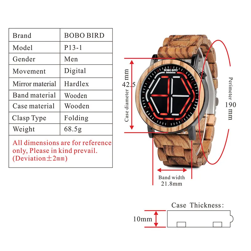 Men's Colorful Digital LED Wooden Watch - Red,White,Blue,Green