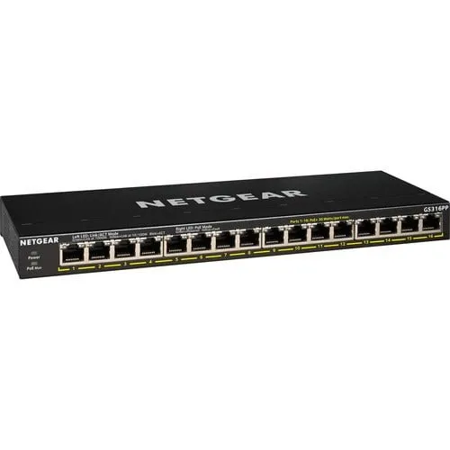 Netgear GS316PP Ethernet Switch - 16 Ports - 2 Layer Supported - 195.90 W Power Consumption - 183 W PoE Budget - Twisted Pair - PoE Ports - Desktop, Wall Mountable