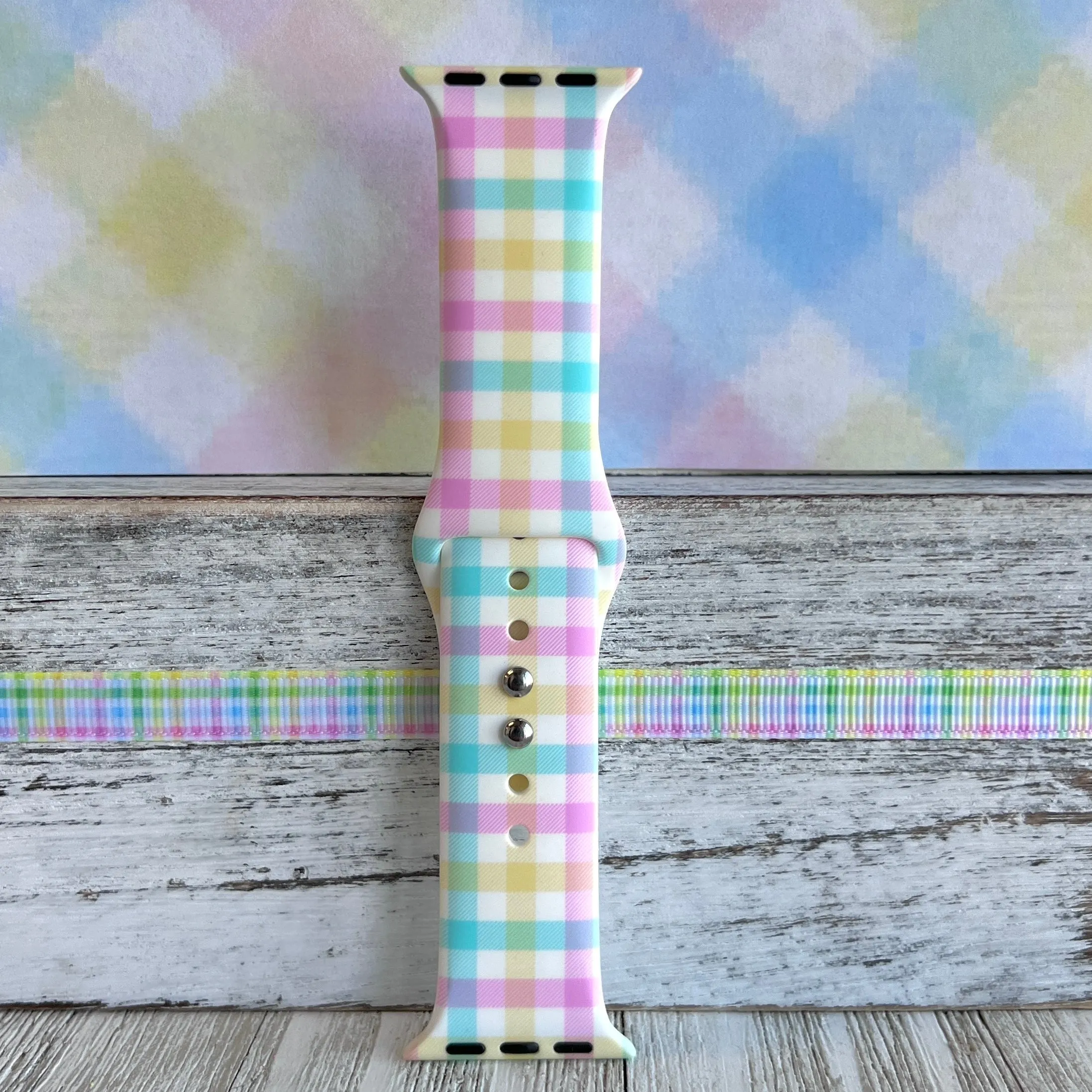 Pastel Gingham Print Silicone Band For Apple Watch