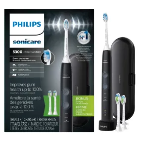 Philips Sonicare ProtectiveClean 5300 Rechargeable Electric Toothbrush, with Pressure Sensor, 3 Cleaning Modes, SmarTimer and QuadPacer, with 2 Bonus Brush Heads, Travel Case, Black, Model HX6423/34