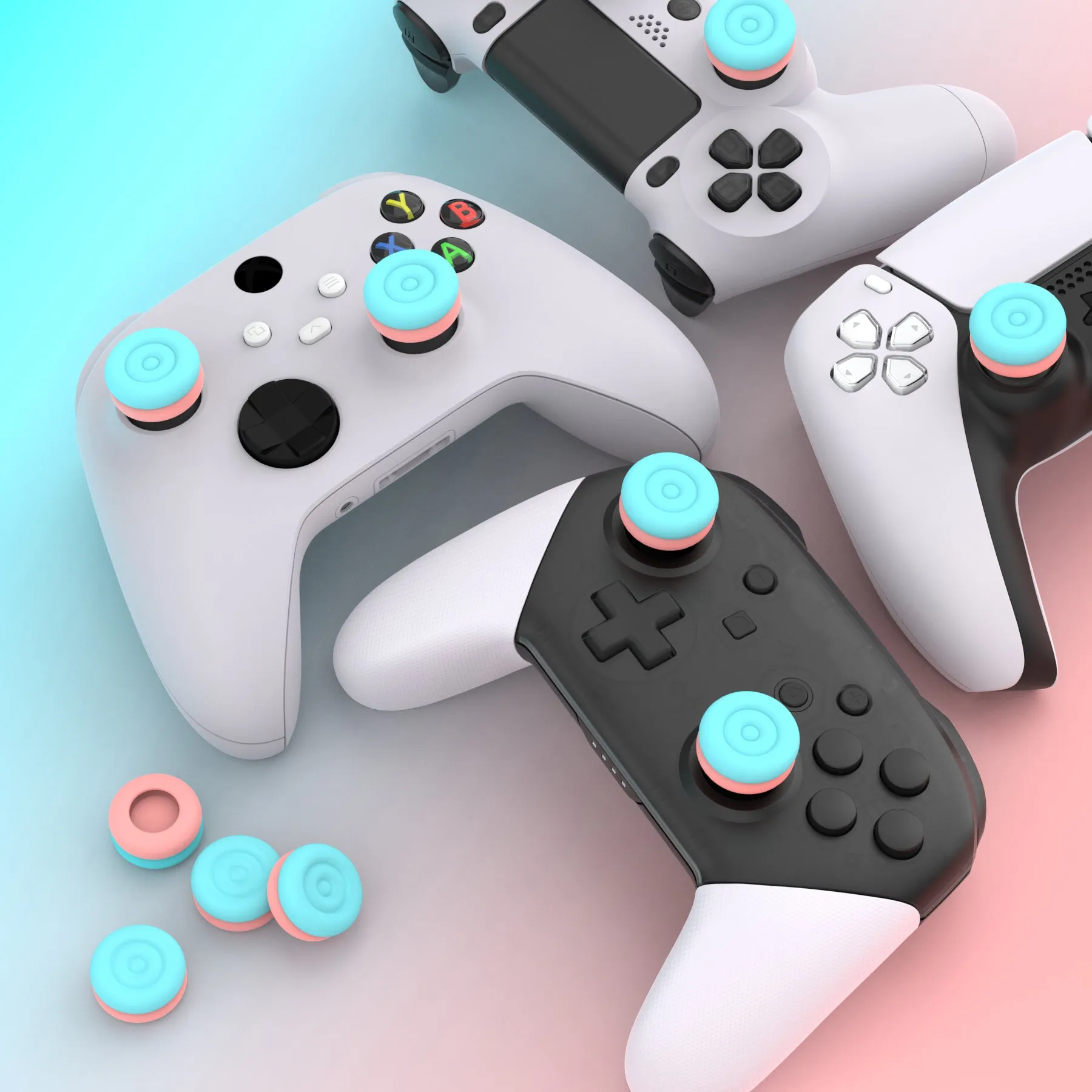 PlayVital Thumbs Cushion Caps Thumb Grips for ps5, for ps4, Thumbstick Grip Cover for Xbox Series X/S, Thumb Grip Caps for Xbox One, Elite Series 2, for Switch Pro Controller - Aqua Blue & Coral Pink - PJM3041