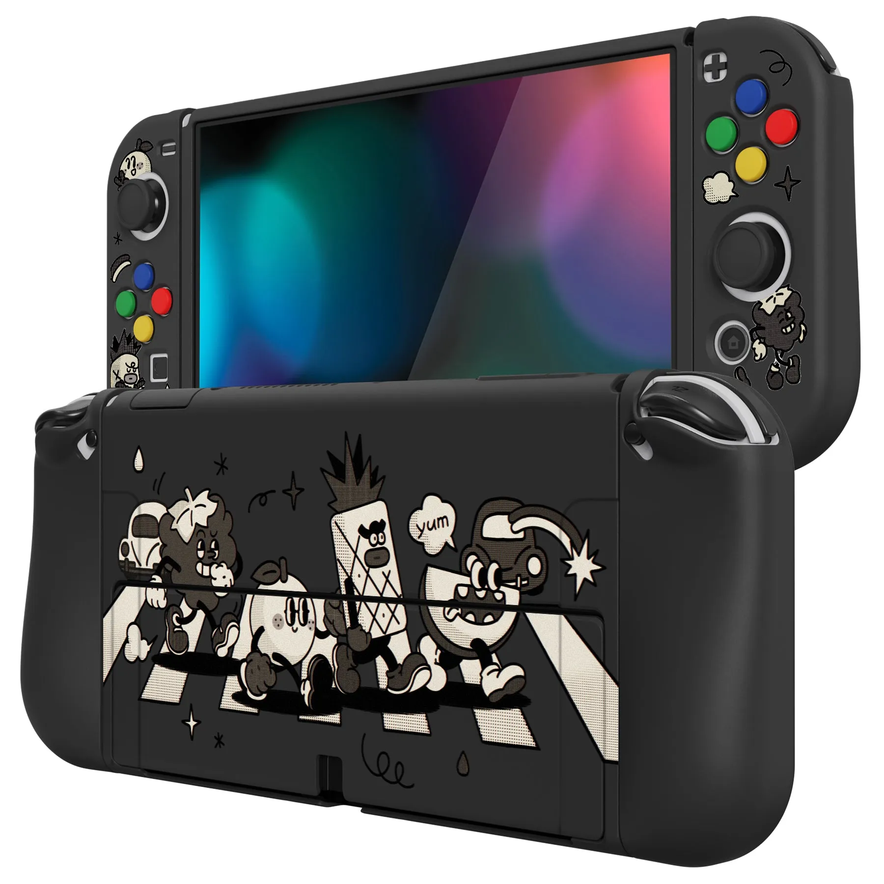 PlayVital ZealProtect Soft Protective Case for Switch OLED, Flexible Protector Joycon Grip Cover for Switch OLED with Thumb Grip Caps & ABXY Direction Button Caps - Fruit Road - XSOYV6058