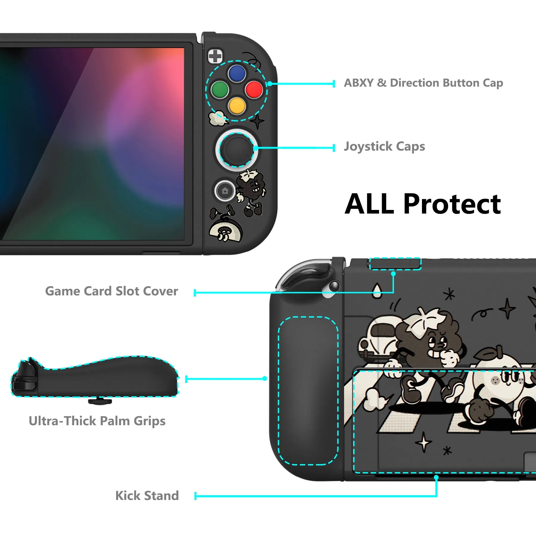 PlayVital ZealProtect Soft Protective Case for Switch OLED, Flexible Protector Joycon Grip Cover for Switch OLED with Thumb Grip Caps & ABXY Direction Button Caps - Fruit Road - XSOYV6058