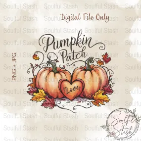 Pumpkin Patch Art Print, Autumn Pumpkins Digital Download, Fall Leaves Sublimation, Love Heart PNG, Instant Download, Couples Pumpkin Patch