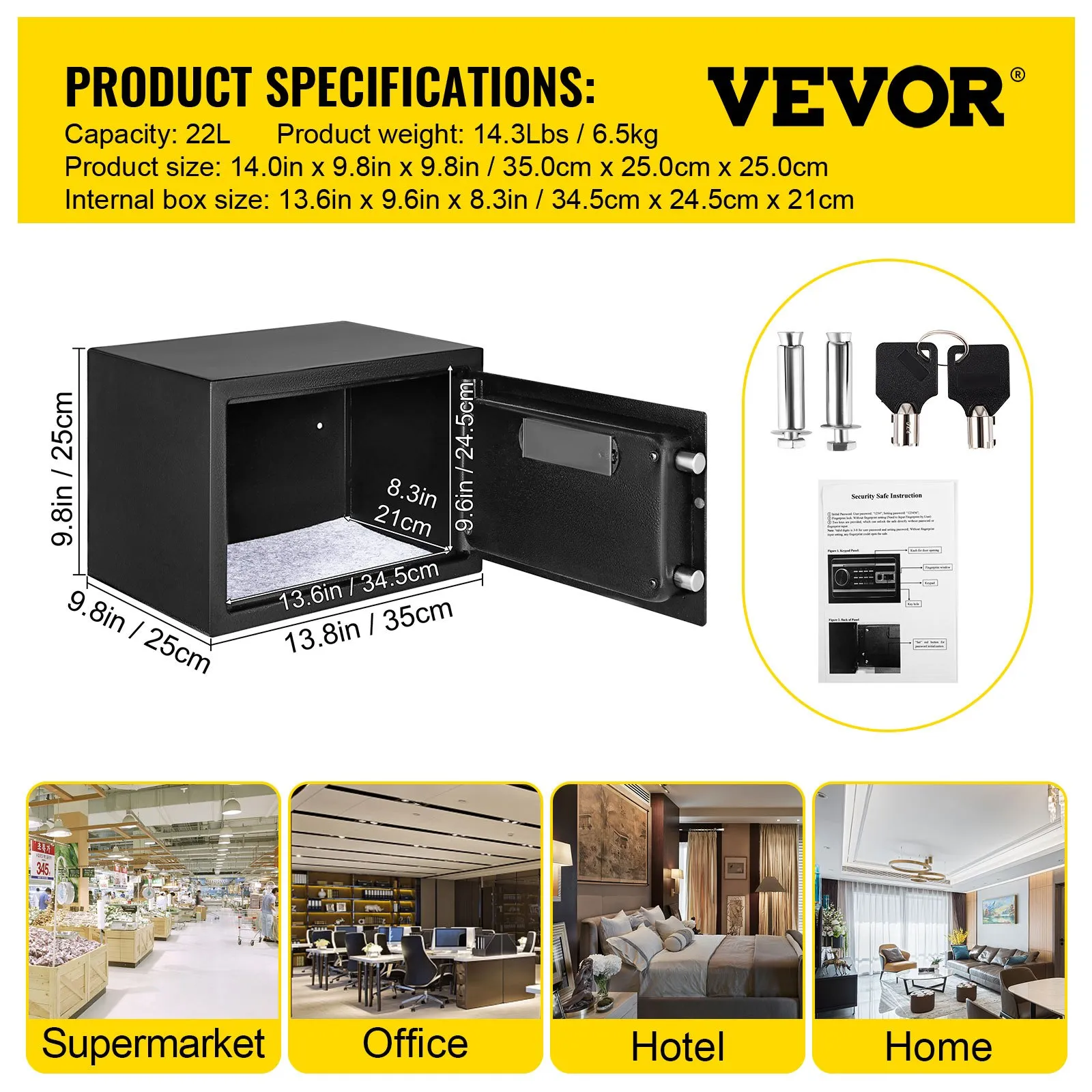 VEVOR Safe Box - 0.8 CU.FT Fingerprint, Key, and Digital Keypad Security - Sturdy Steel Construction - Protect Your Valuables